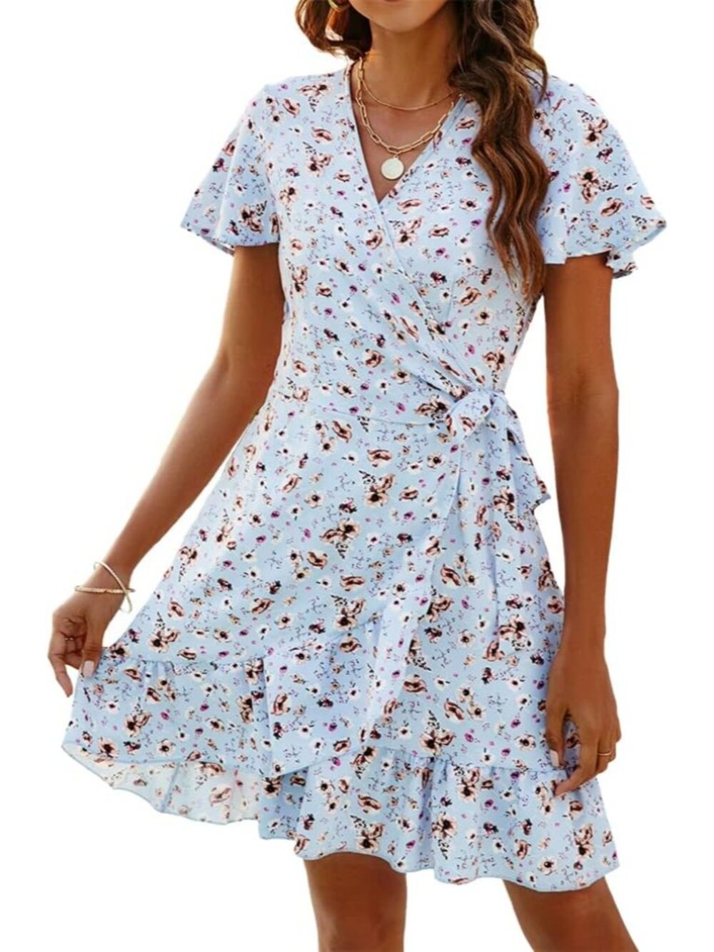 Women's Summer Wrap Dresses V Neck Polka Dot Print Ruffle Short Sleeve Mini Flor